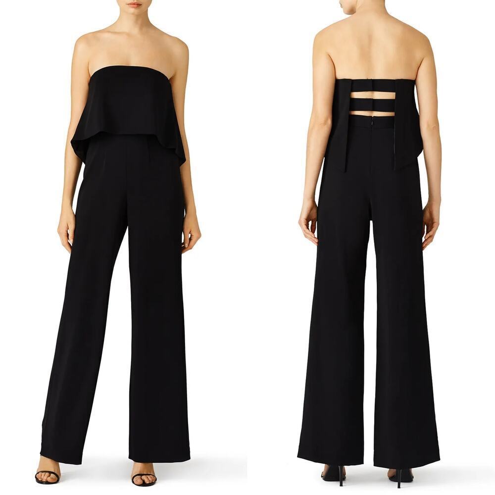 Jay Godfrey Retro Ruffle Jumpsuit Strapless Cutout Back Wide Leg Black 6